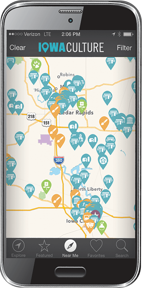 Iowa Culture App with map pins on a mobile phone device